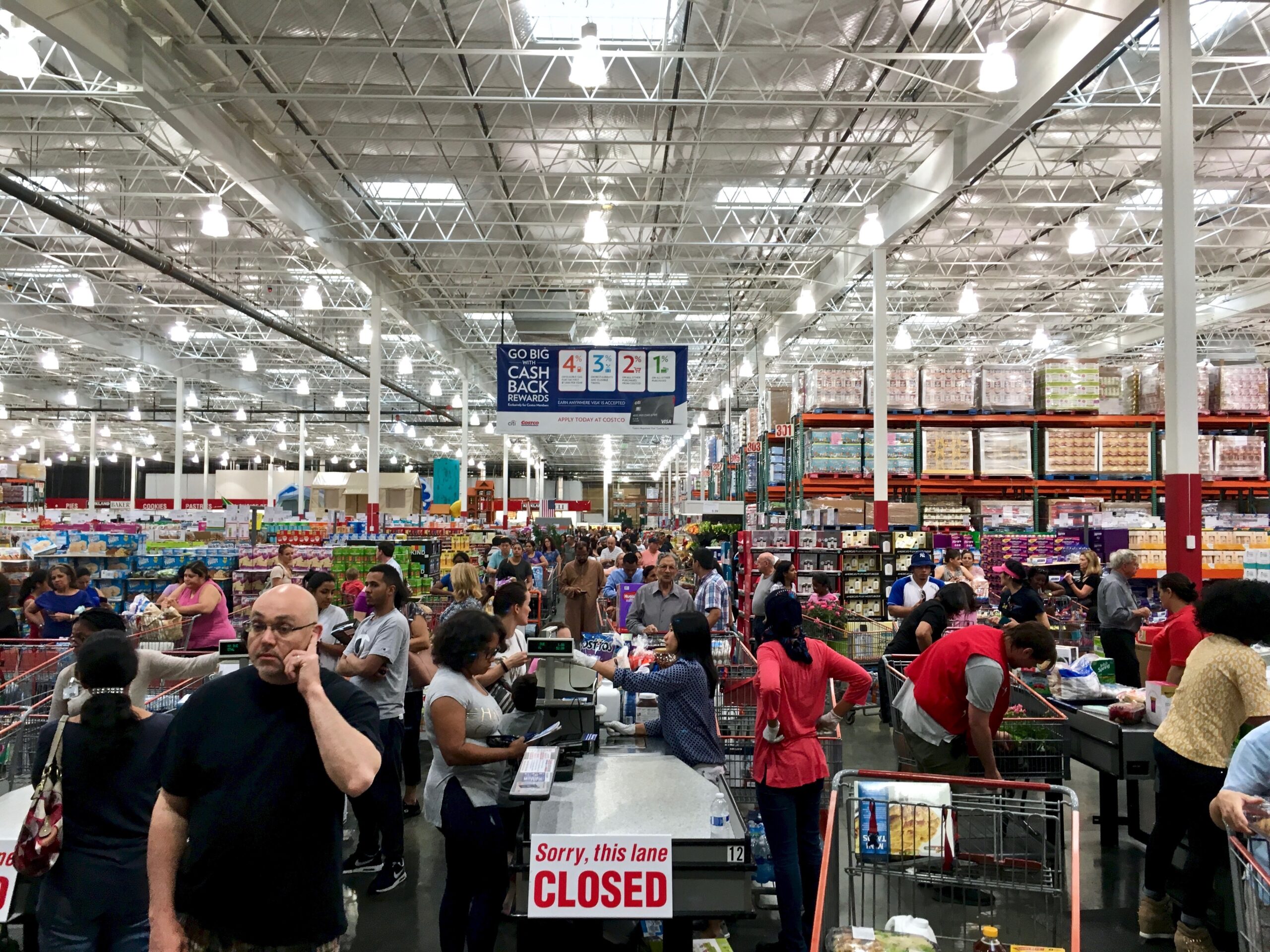 long line of customers checking out at costco for black friday