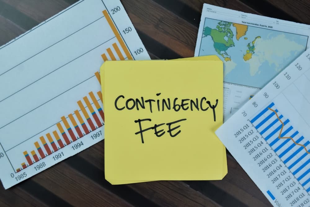 Contingency fee concept written on sticky notes, isolated on a wooden table.